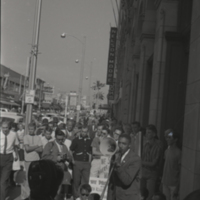 Harold Brown speaking to protesters in front of the Bank of America, 1964